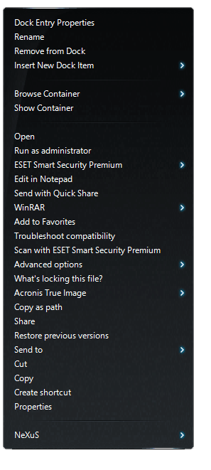 Right-click menu for a normal application shortcut in a Dock
