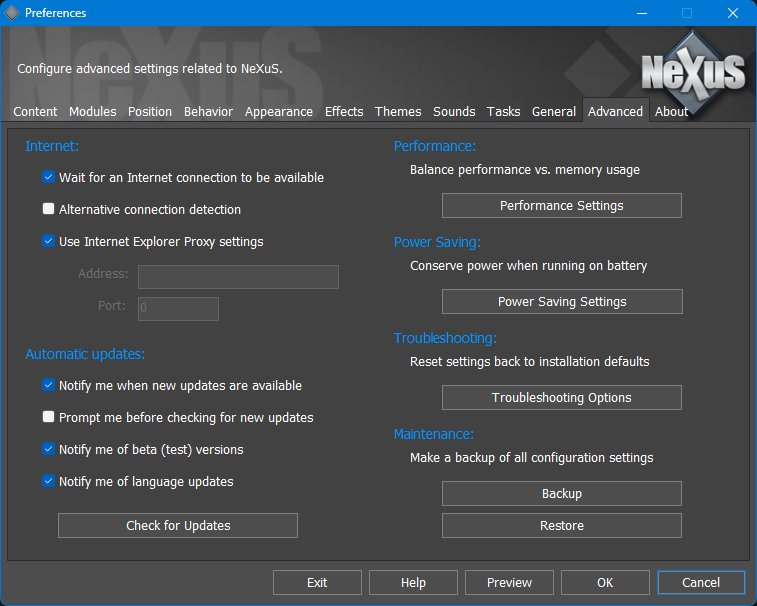 Preferences - Advanced tab