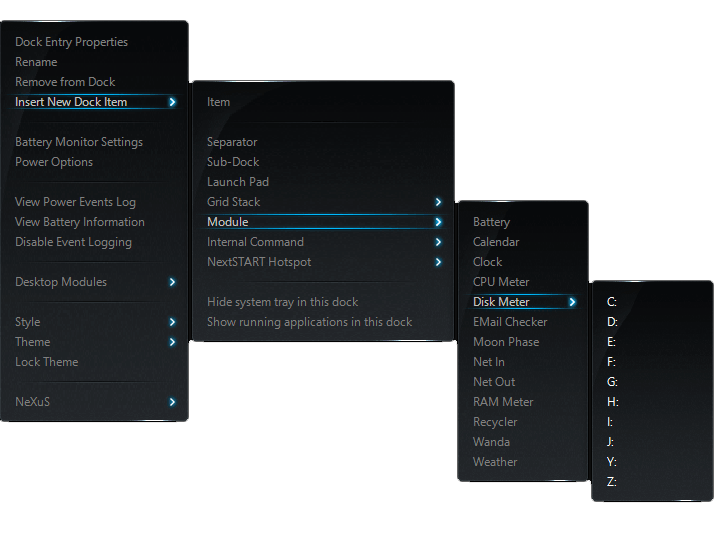 Battery module context menu in a Dock