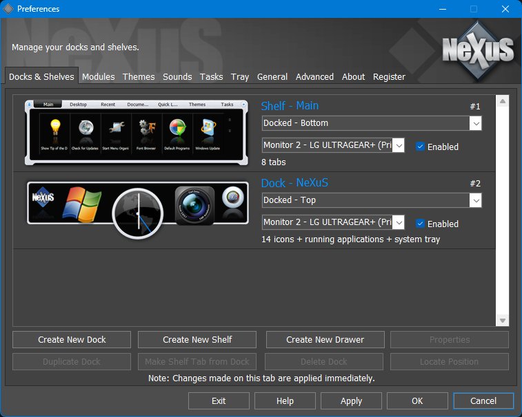 Main Preferences - Docks and Shelves tab